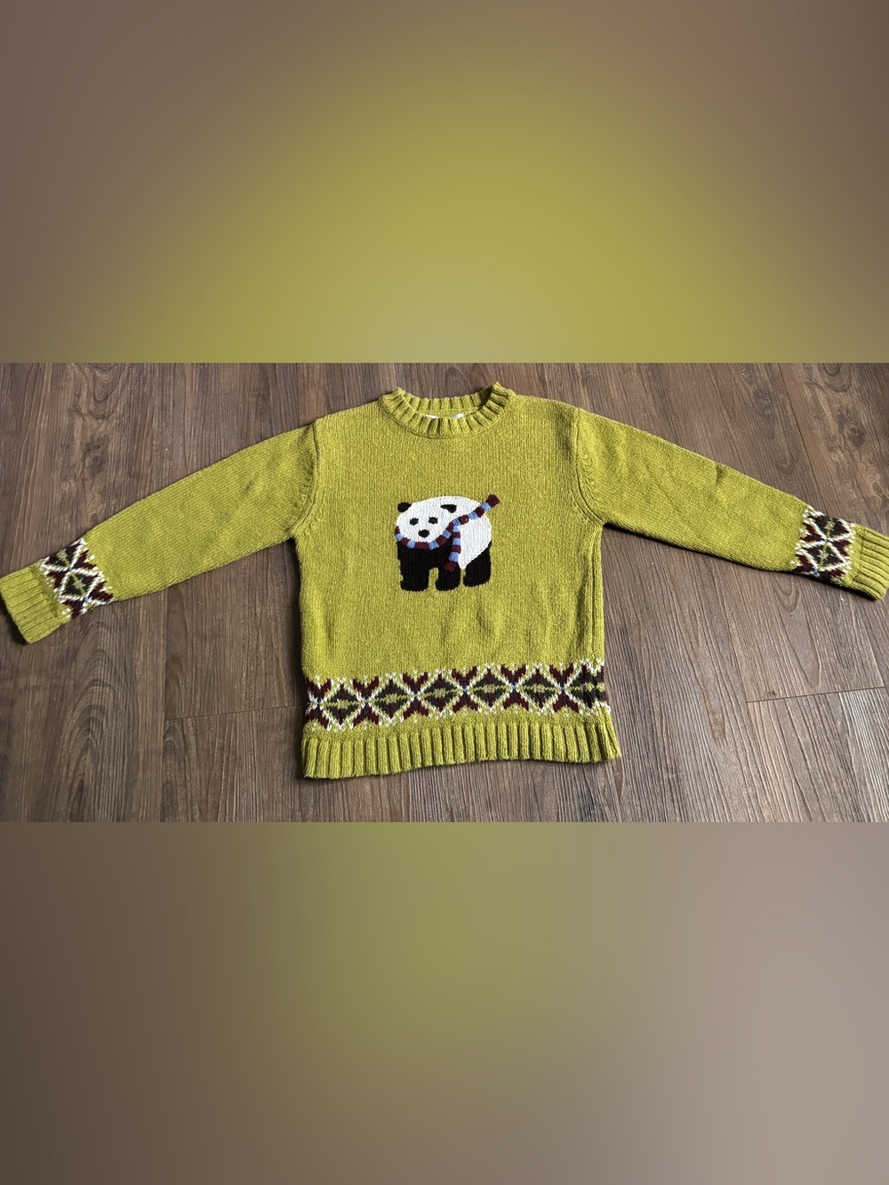 Kids Janie & Jack 100% cotton green knit sweater with panda graphic 5T